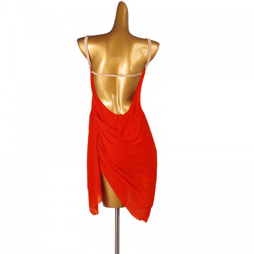 Red colored latin  dance dress for women girls flowy sexy backless rumba salsa chacha dance dress with bodysuit for woman